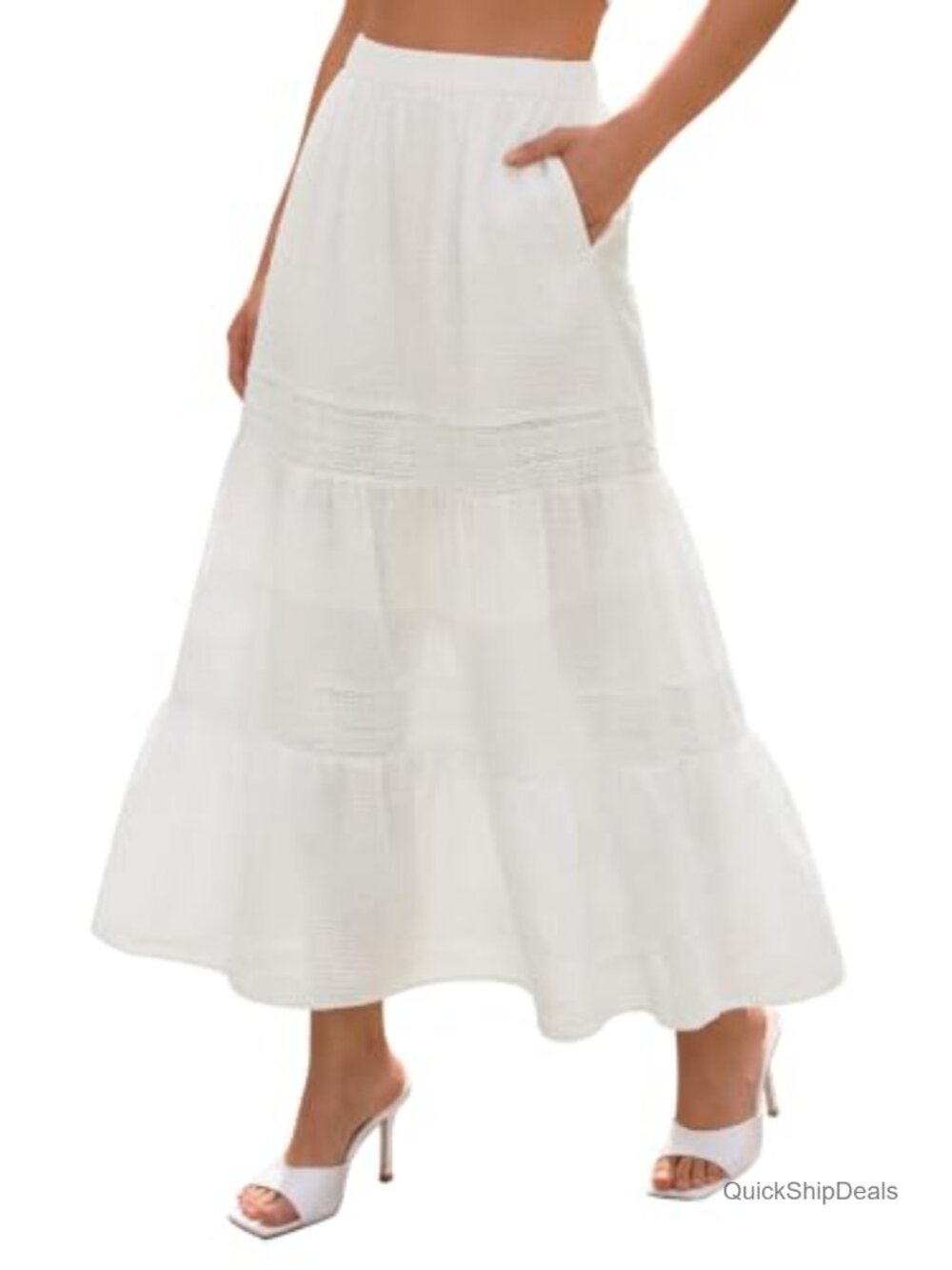 Women's Boho Tiered Lace Maxi Skirt with Pockets High Waisted Flowy A-Line